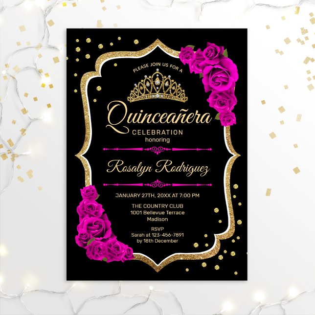 Quinceanera - Black Gold Pink Invitation