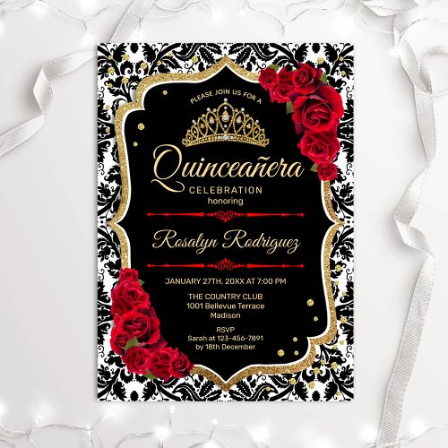 Quinceanera _ Black Gold Red Invitation