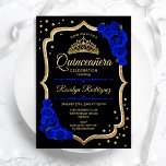 Quinceanera - Black Gold Royal Blue Invitation<br><div class="desc">Gold black royal blue Quinceanera celebration invitation.
Features script font,  royal blue roses,  tiara and confetti. Classy sapphire blue design with faux glitter gold. Perfect for an elegant glam celebration.</div>