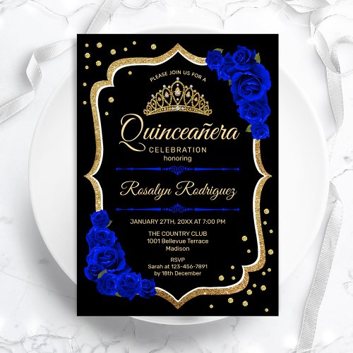 Quinceanera _ Black Gold Royal Blue Invitation
