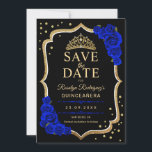 Quinceanera Black Gold Royal Blue Save The Date<br><div class="desc">Black royal blue gold Quinceanera celebration save the date card. Features,  script font,  roses and tiara. Perfect for an elegant princess style glam celebration. Personalize with your own details. Printed Zazzle cards or instant download digital printable template.</div>