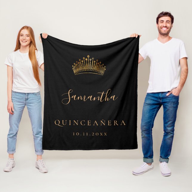 Quinceanera black gold tiara crown name fleece blanket (In Situ)