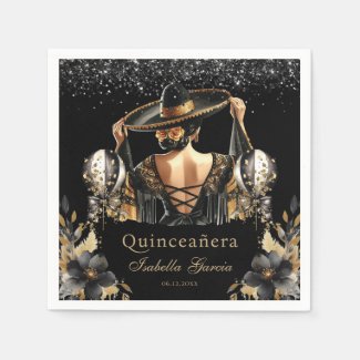 Quinceañera Black Gold Watercolor Mexican Girl
