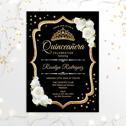 Quinceanera _ Black Gold White Invitation