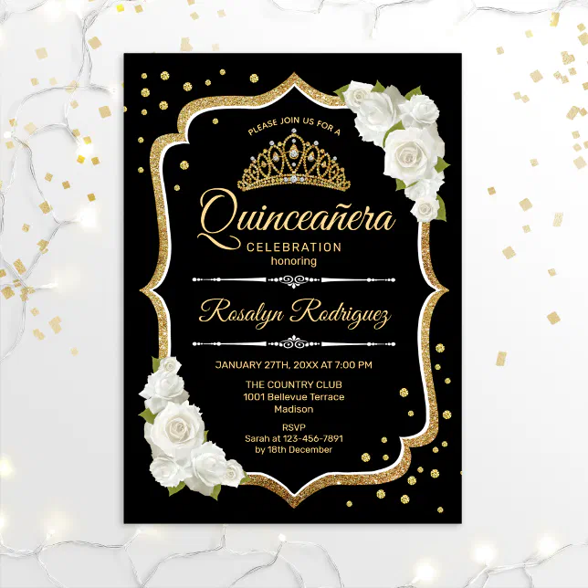 Quinceanera - Black Gold White Invitation 