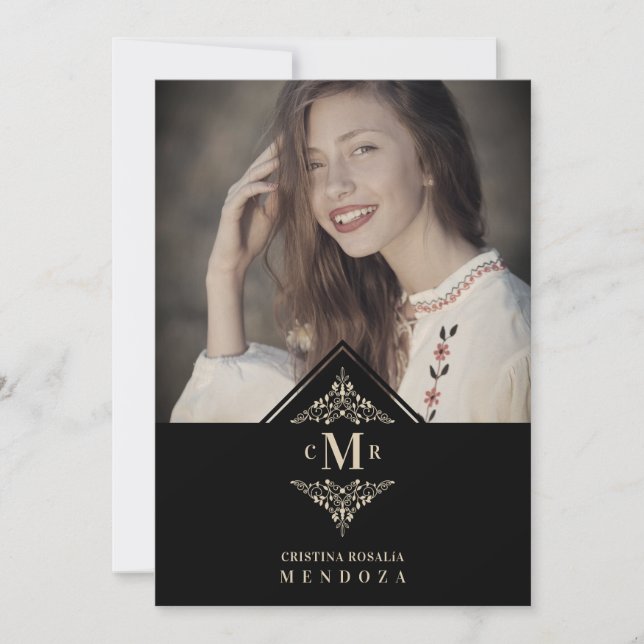 Quinceañera Black Golden Chic Lace Romantic Photo Invitation (Front)