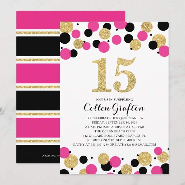 Quinceanera Black Hot Pink Gold Glitter Confetti Invitation (Front/Back)