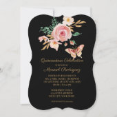 Quinceañera Black n Blush Butterfly w Flowers Gold Invitation (Front)