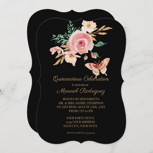 Quinceaera Black n Blush Butterfly w Flowers Gold Invitation