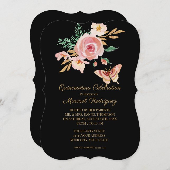 Quinceañera Black n Blush Butterfly w Flowers Gold Invitation (Front/Back)