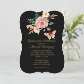 Quinceañera Black n Blush Butterfly w Flowers Gold Invitation (Standing Front)