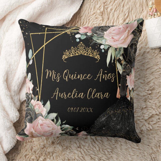 Quinceañera  Black Pink Floral Girl Dress Princess Throw Pillow (Blanket)