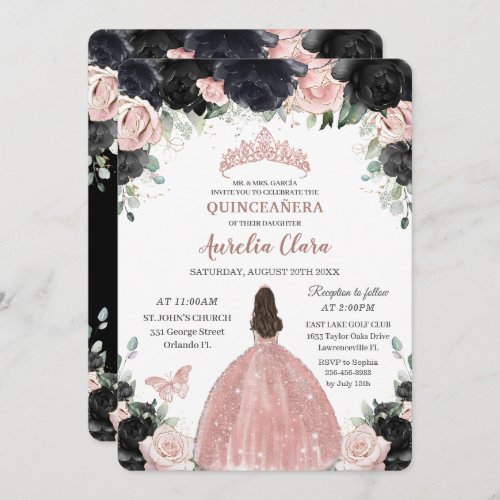 Quinceaera Black Pink Floral Rose Gold Princess Invitation