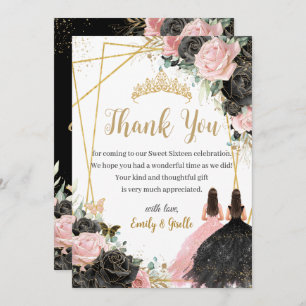 Quinceanera Black Pink Floral Twins Princesses Thank You Card