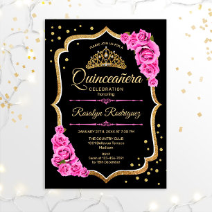 Quinceanera - Black Pink Gold Invitation