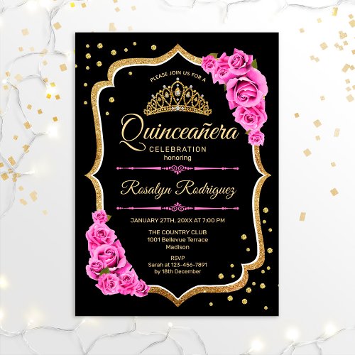 Quinceanera _ Black Pink Gold Invitation