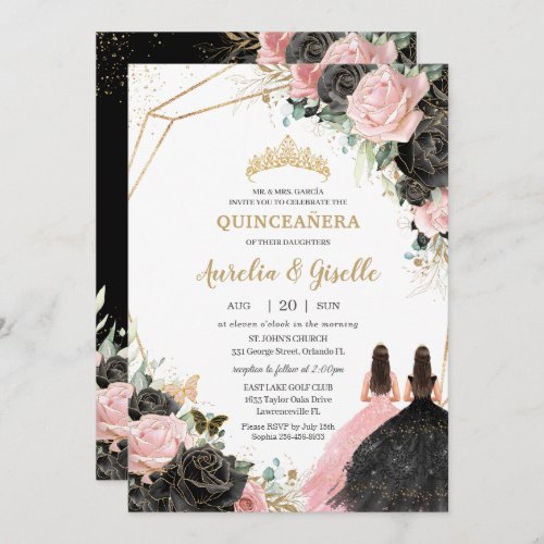 Quinceaera Black Pink Roses Floral Princess Twins Invitation