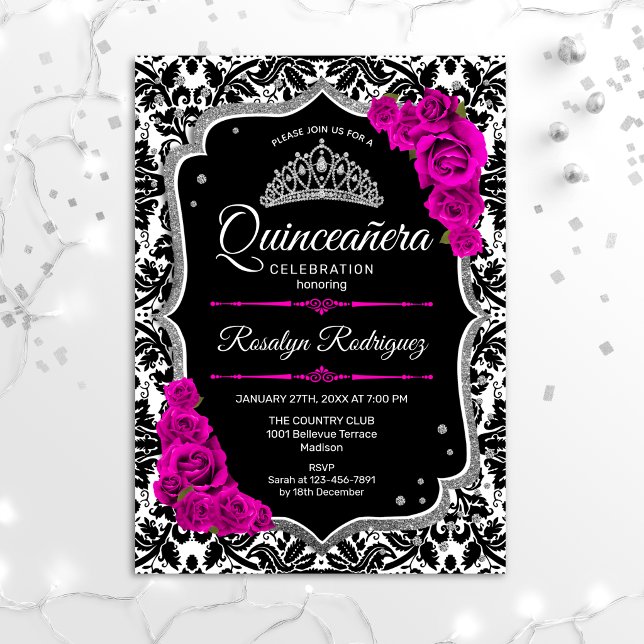 Quinceanera - Black Pink Silver Invitation