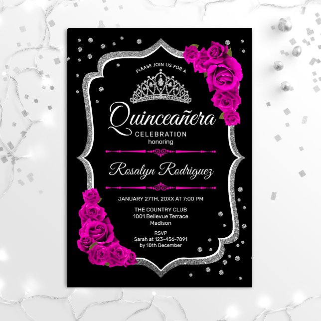 Quinceanera - Black Pink Silver Invitation