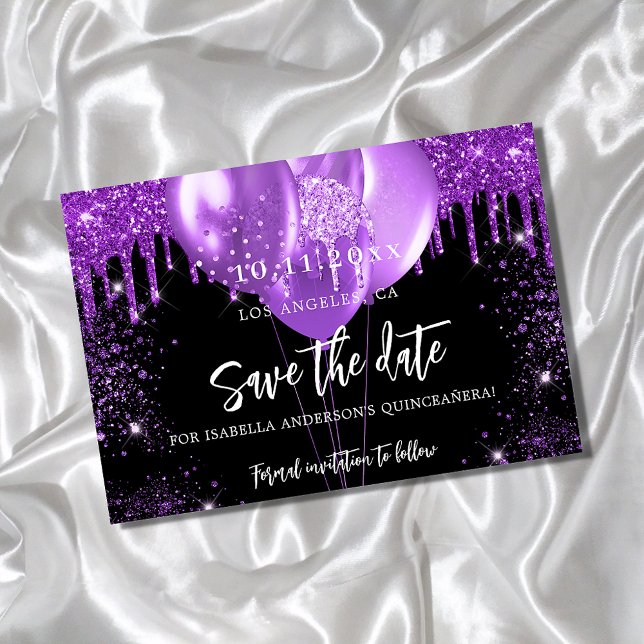 Quinceanera black purple balloons save the date announcement postcard (Creator Uploaded)