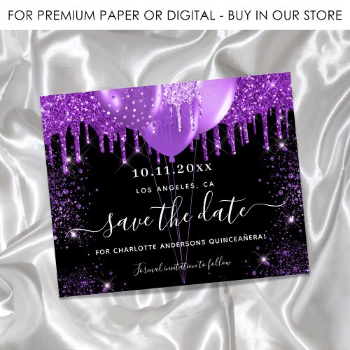 Quinceanera black purple budget save the date flyer