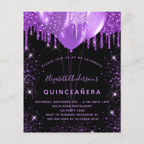 Quinceanera black purple glitter budget invitation flyer