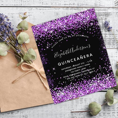 Quinceanera black purple glitter budget invitation flyer