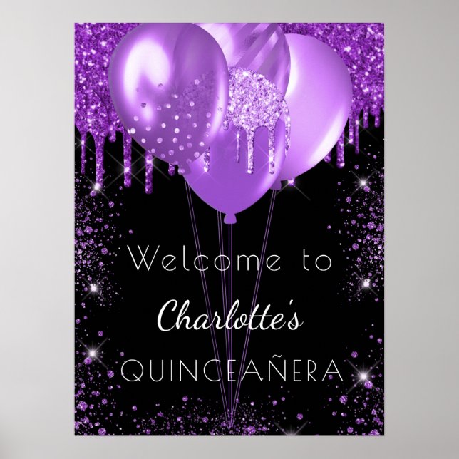 Quinceanera black purple glitter welcome balloons poster (Front)