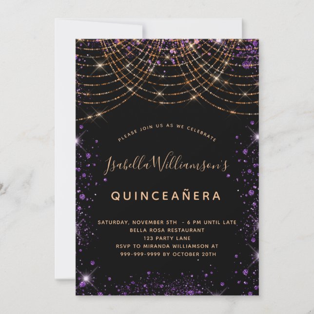 Quinceanera black purple gold glitter dust elegant invitation (Front)