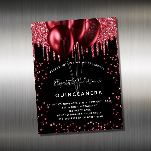 Quinceanera black red balloons invitation magnet