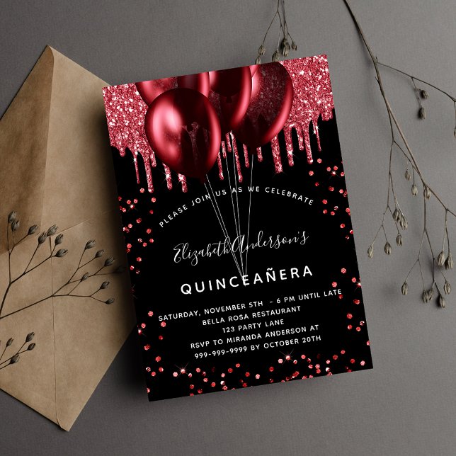 Quinceanera black red balloons luxury invitation (Creator Uploaded)