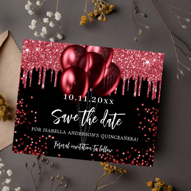 Quinceanera black red balloons save the date flyer (Creator Uploaded)