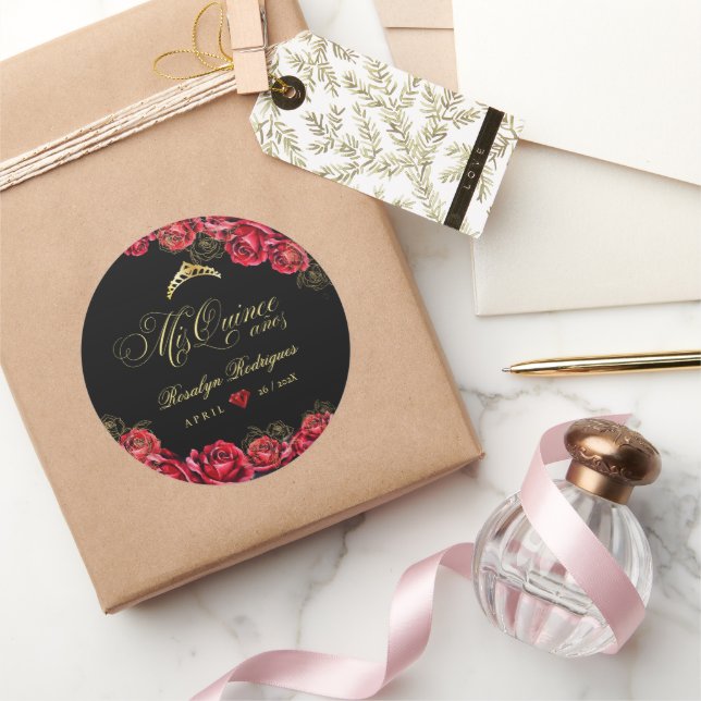 Quinceanera - black red diamond  classic round sticker (Gifting)