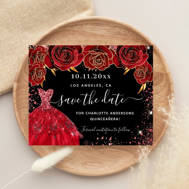 Quinceanera black red dress budget save the date flyer