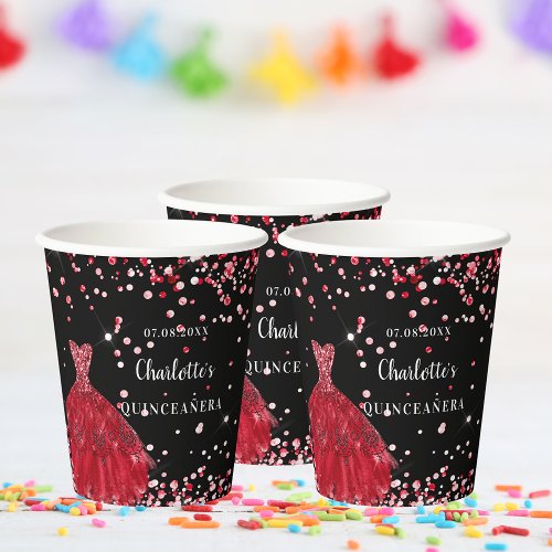 Quinceanera black red dress confetti name paper cups