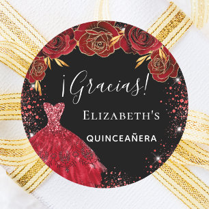 Quinceanera black red dress florals gracias classic round sticker