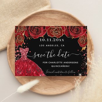 Quinceanera Black Red Dress Florals Save The Date by Thunes at Zazzle