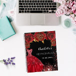 Quinceanera black red dress flowers 2024 planner<br><div class="desc">A stylish black background decorated with red flowers,  sparkles and a red dress. Personalize and add name,  age and date.</div>