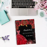 Quinceanera black red dress flowers 2025 planner<br><div class="desc">A stylish black background decorated with red flowers,  sparkles and a red dress. Personalize and add name,  age and date.</div>