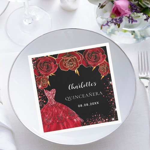 Quinceanera black red dress flowers napkins