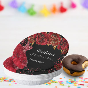 Quinceanera black red dress flowers paper bowls