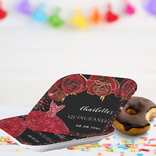 Quinceanera black red dress flowers paper plates (Creator Uploaded)