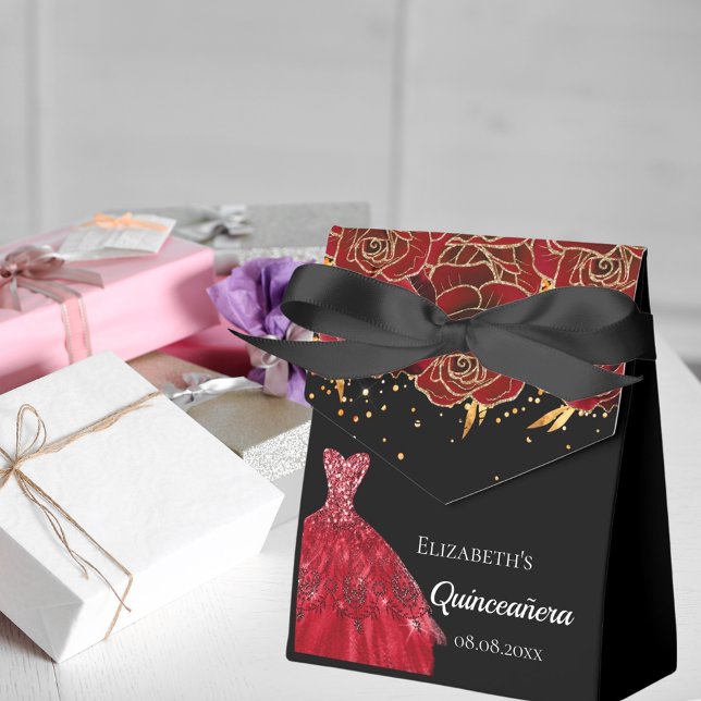 Quinceanera black red dress flowers thank you favor boxes (Creator Uploaded)