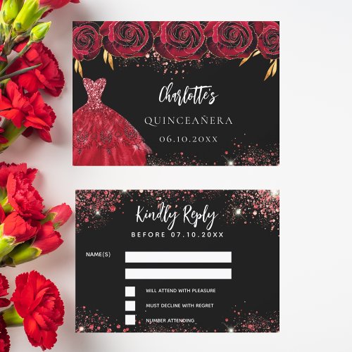 Quinceanera black red dress response RSVP card