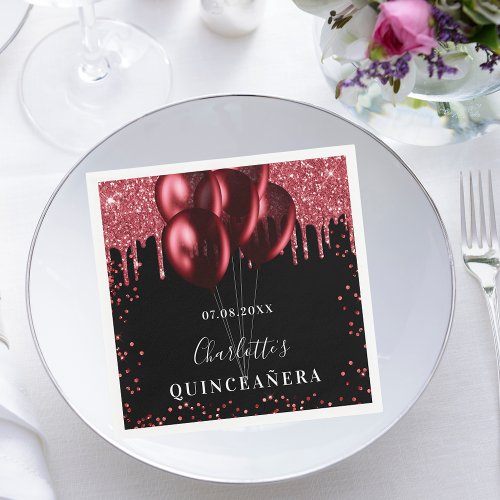 Quinceanera black red glitter balloons napkins