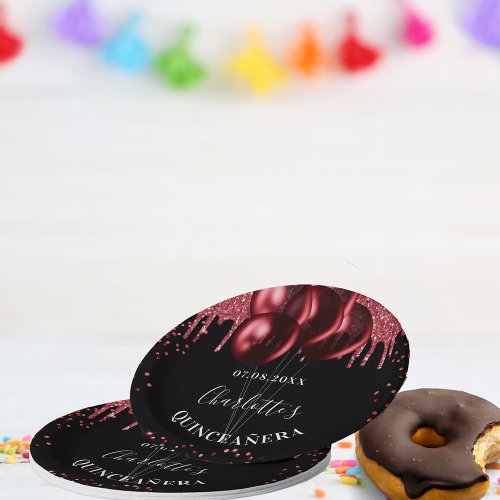 Quinceanera black red glitter balloons paper plates