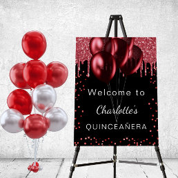 Quinceanera black red glitter balloons welcome foam board