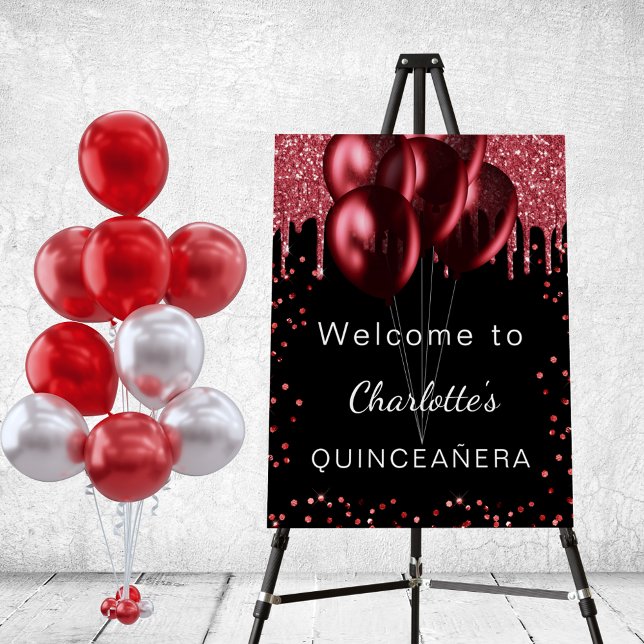 Quinceanera black red glitter balloons welcome foam board (Creator Uploaded)