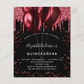 Quinceanera black red glitter budget invitation flyer (Front)