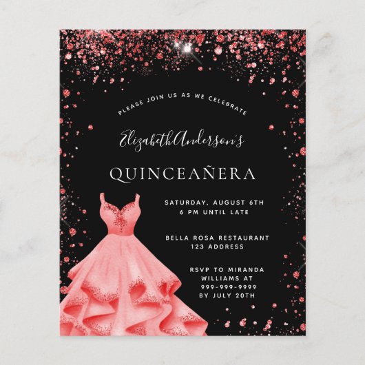 Quinceanera black red glitter dress invitation (Front)